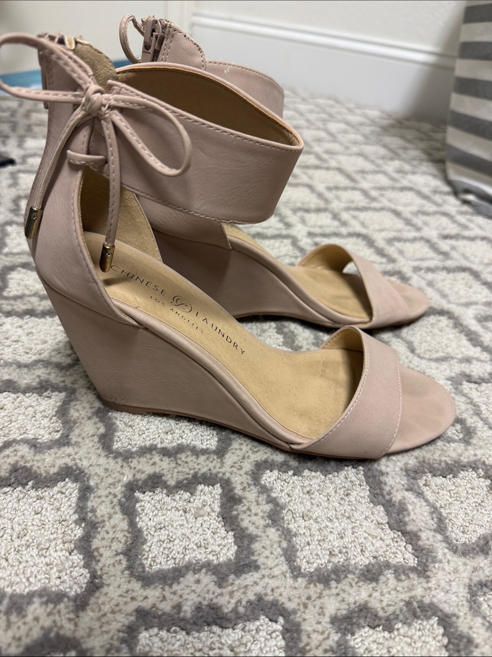Chinese Laundry Nude Blush Wedge Sandals with Ankle Tie